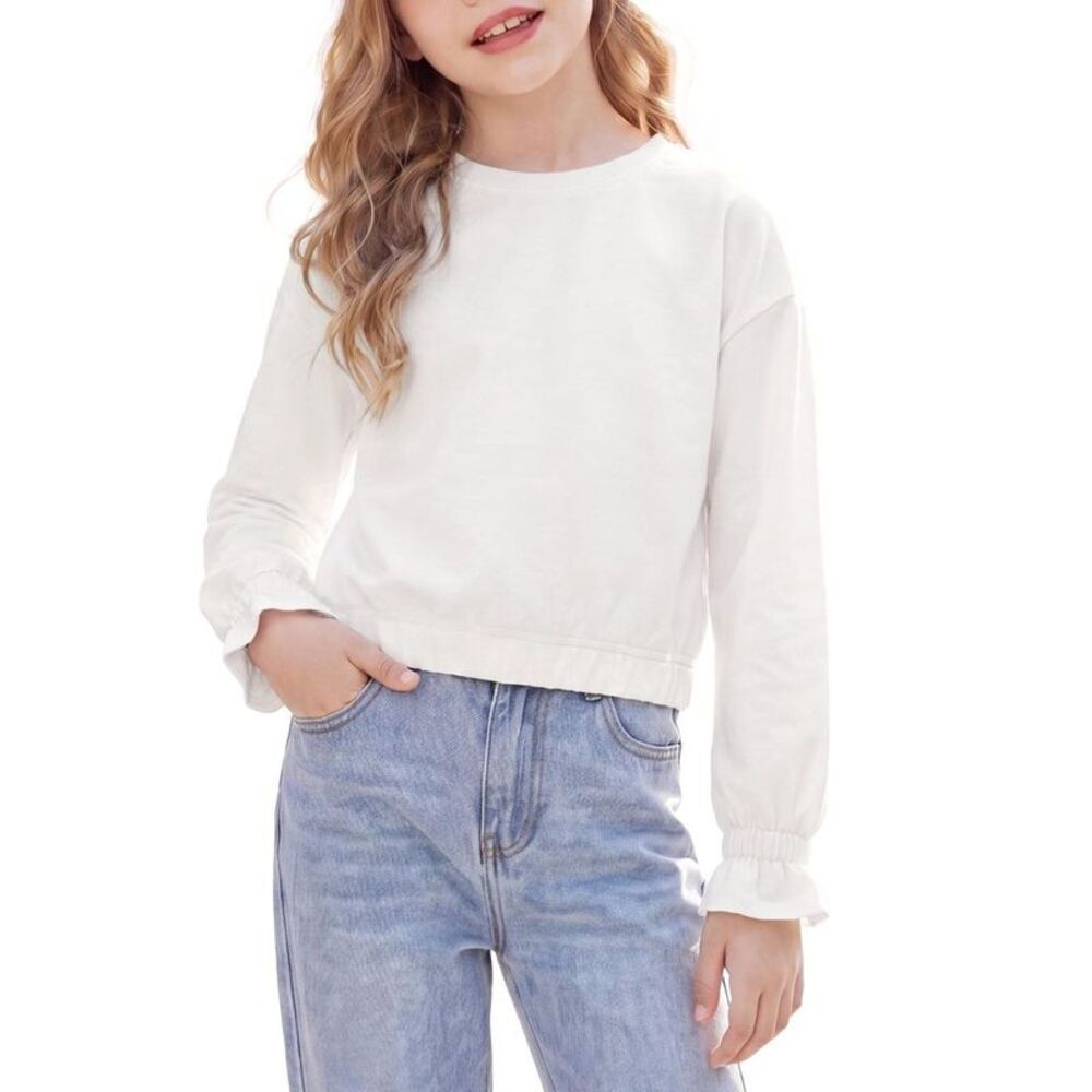 Girls' Long Sleeve Oversized Cropped Ruffle Cuff Sweatshirt - White L